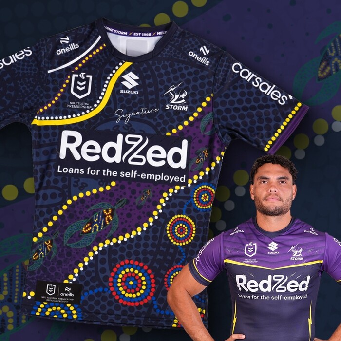 Photo of Xavier Coates #5 2025 Melbourne Storm Indigenous Match-Worn Jersey