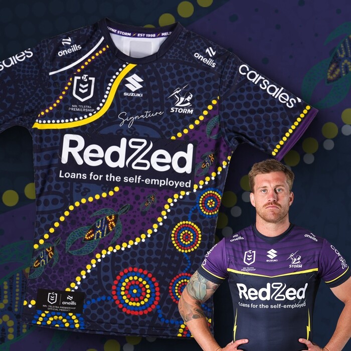 Photo of Cameron Munster #6 2025 Melbourne Storm Indigenous Match-Worn Jersey