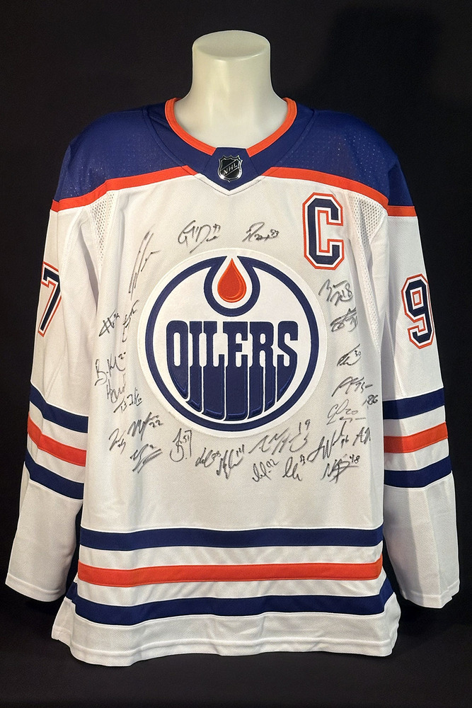 2025-26 Edmonton Oilers Team-Signed White Oilers Fanatics Premium Replica Jersey Crested To #97 Connor McDavid