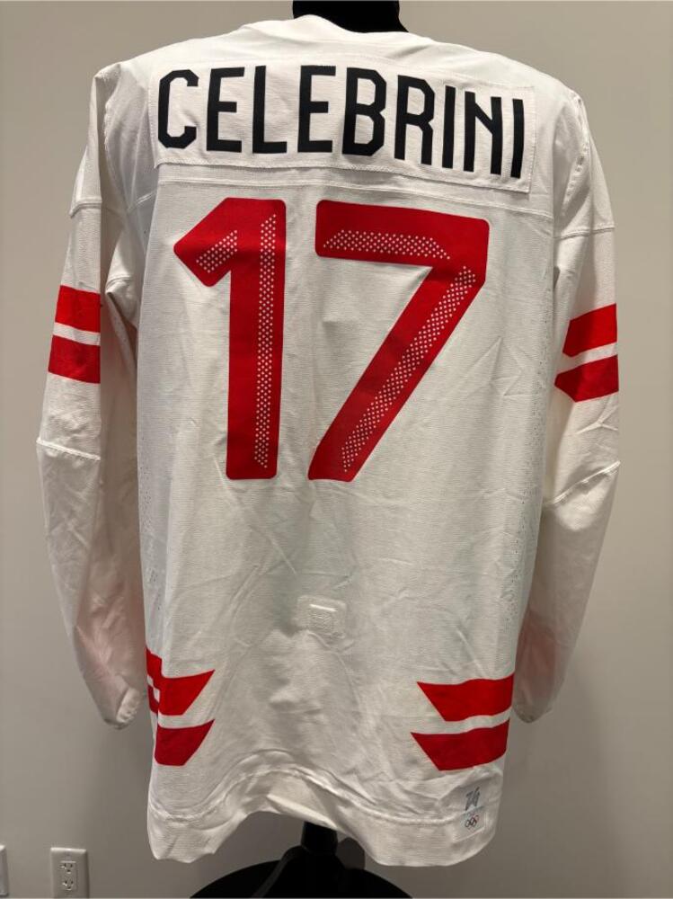Macklin Celebrini Canada Game-Used White Jersey worn v. Czechia on February 12, 2026, as a part of the 2026 Milano Cortina Winter Games.