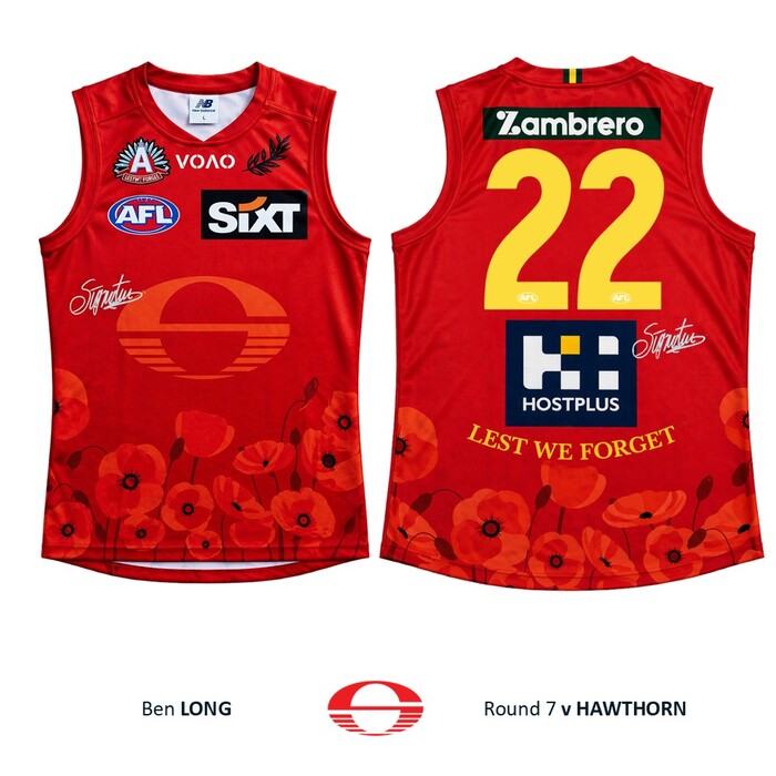 Photo of Ben Long #22 Gold Coast SUNS ANZAC Appeal Round Match-Worn Guernsey