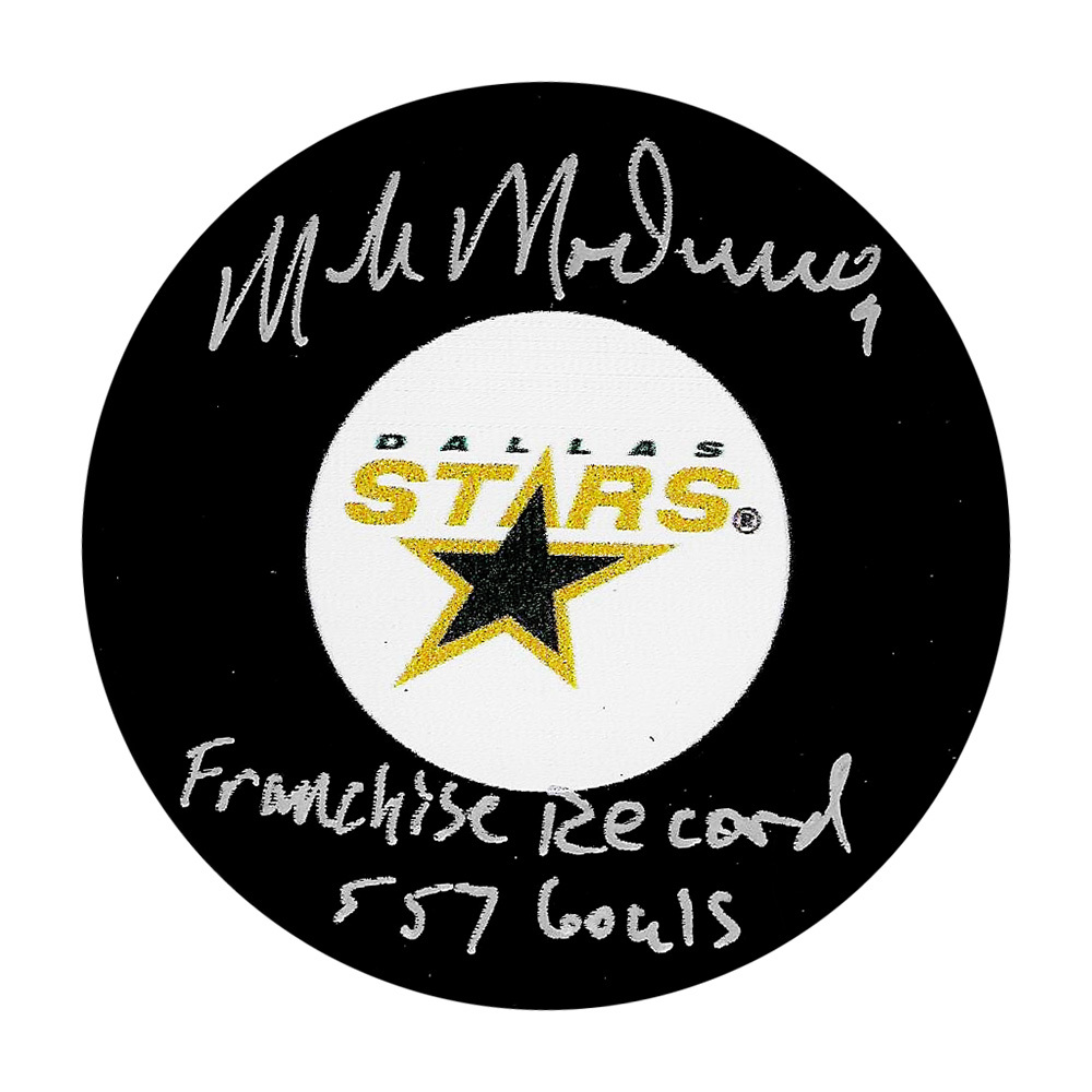 Mike Modano Autographed Dallas Stars Puck w/FRANCHISE RECORD 557 GOALS Inscription