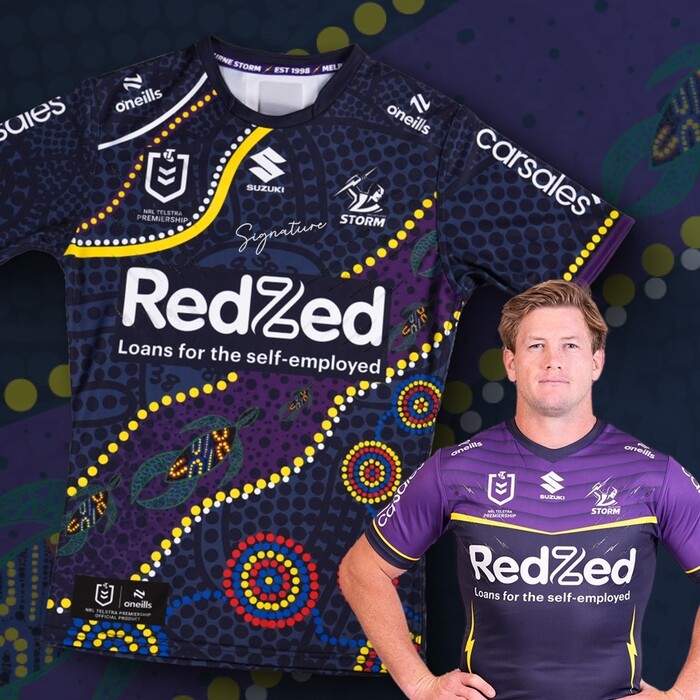 Photo of Harry Grant #9 2025 Melbourne Storm Indigenous Match-Worn Jersey *100 NRL Games*