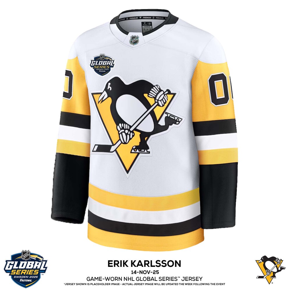 Erik Karlsson Pittsburgh Penguins #65 2025 NHL Global Series Game-Used White Jersey - Worn During Pregame Warm-ups & 1st Period on November 14th, 2025 - Size 56