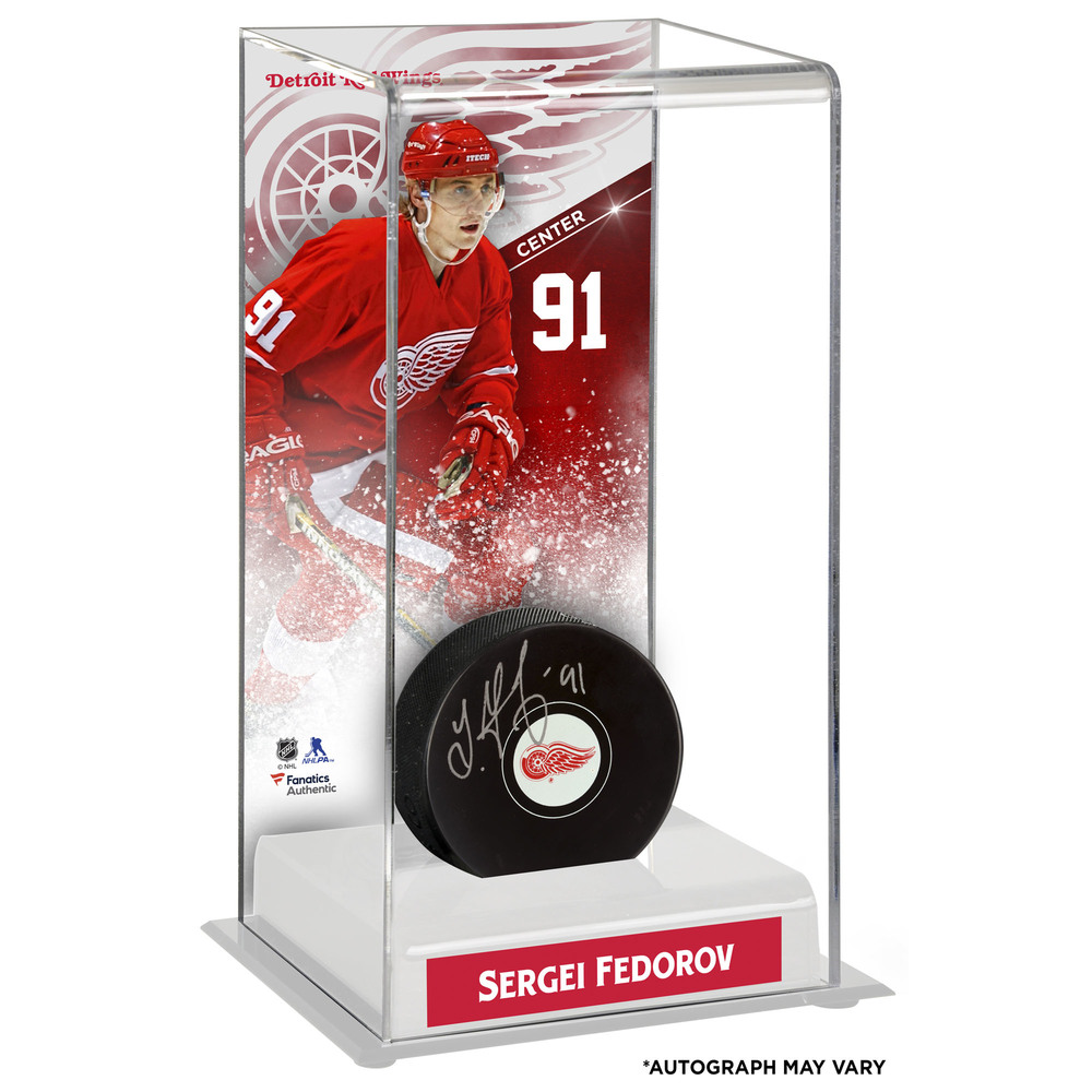 Sergei Fedorov Detroit Red Wings Autographed Puck with Deluxe Tall Hockey Puck Case