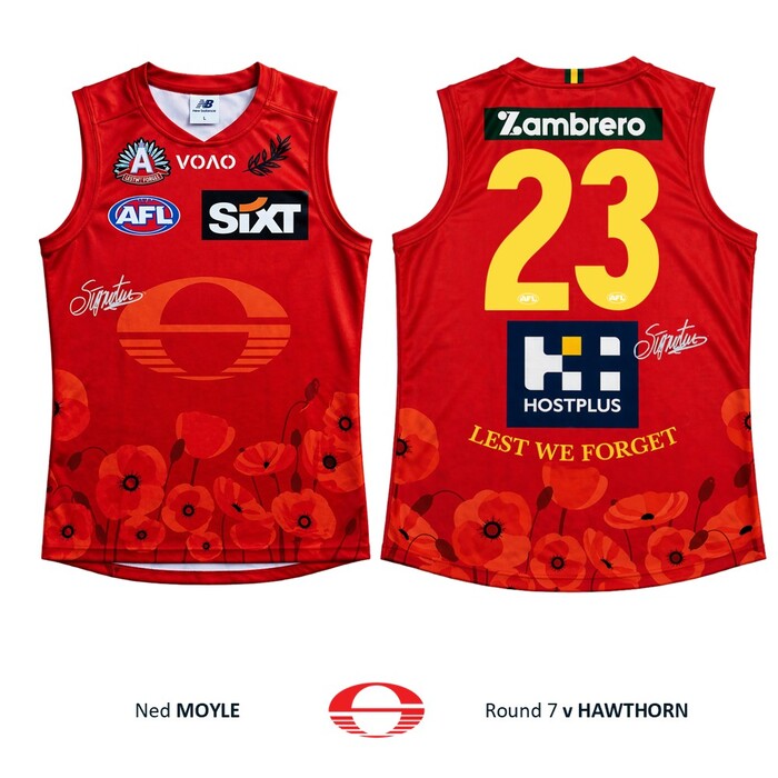 Photo of Ned Moyle #23 Gold Coast SUNS ANZAC Appeal Round Player-Issue Guernsey