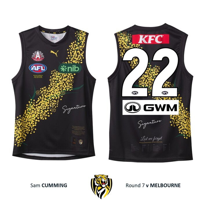 Photo of Sam Cumming #22 Richmond 2026 Anzac Day Eve Match-Worn Guernsey