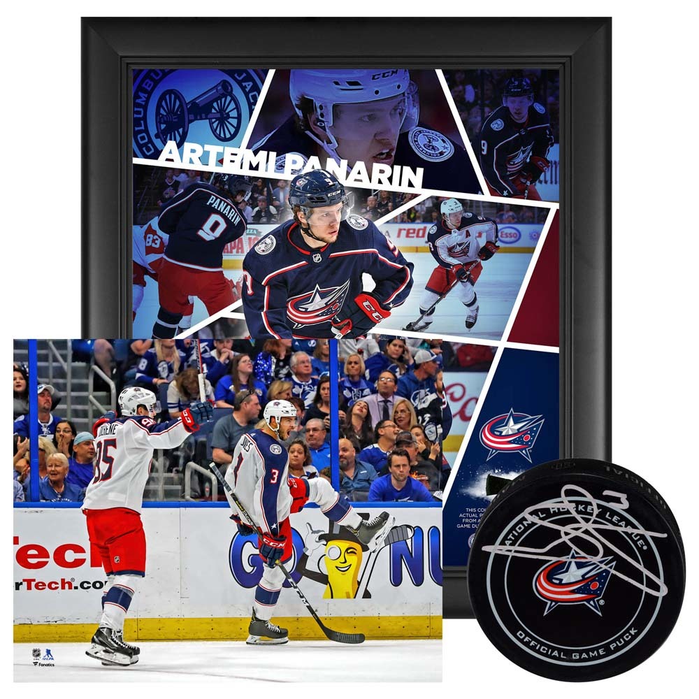 Columbus Blue Jackets Stanley Cup Playoffs Bundle Featuring Autographed Seth Jones Official Game Puck, Unsigned Seth Jones Game 1 vs. Tampa 8x10 and Artemi Panarin Impact Player Collage