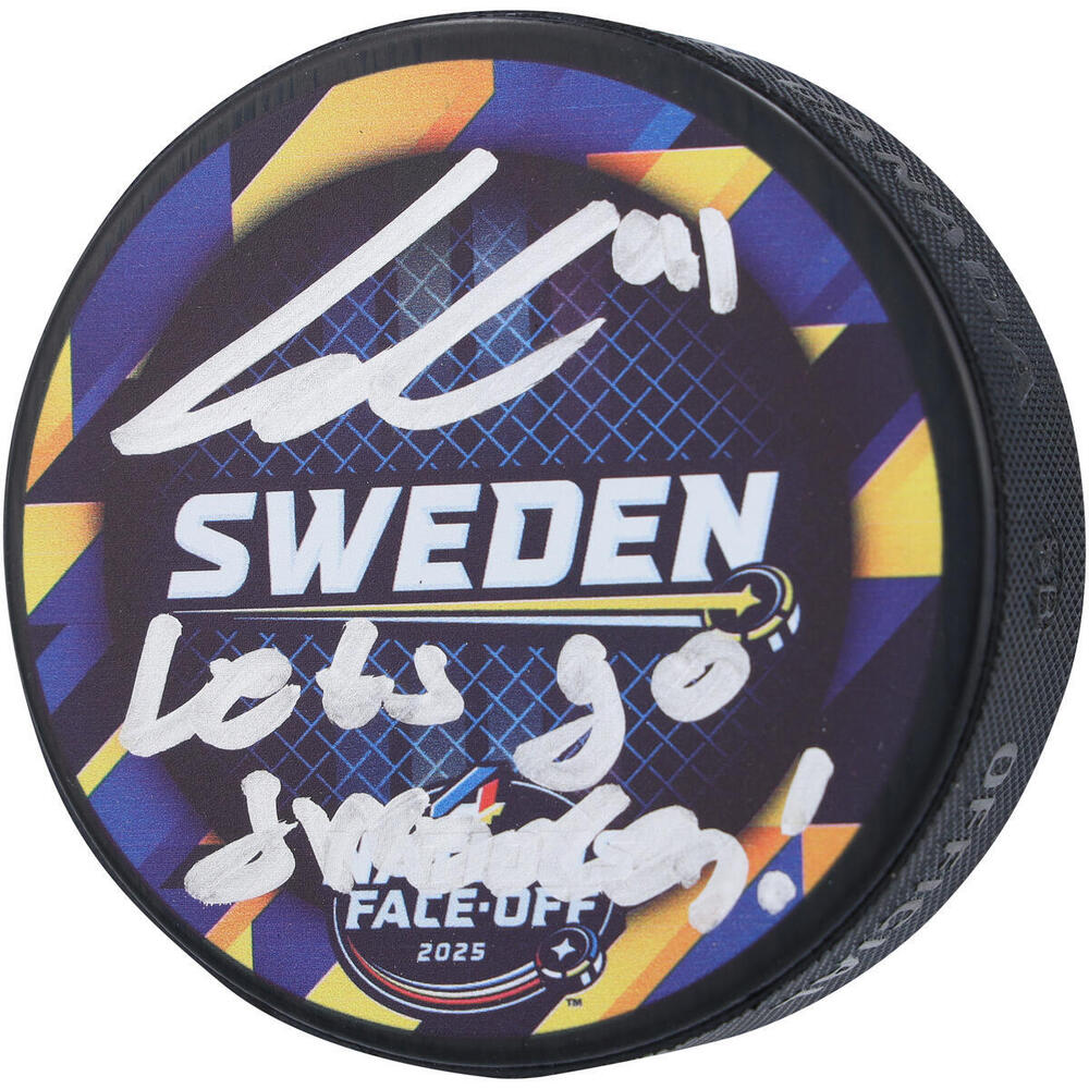 Leo Carlsson Anaheim Ducks Autographed Team Sweden 4 Nations Face-Off Hockey Puck with 