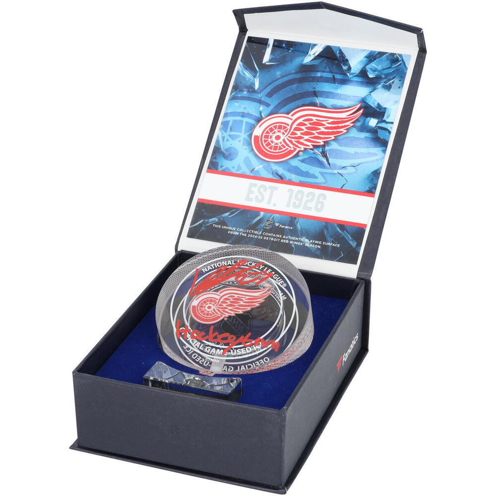 Lucas Raymond Detroit Red Wings Autographed Crystal Puck with 