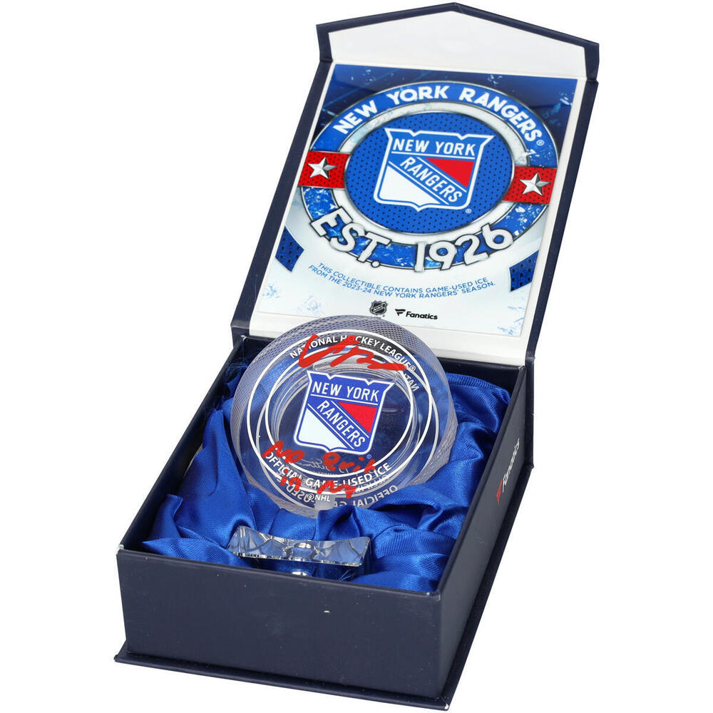 Adam Fox New York Rangers Autographed Crystal Puck - Filled with Ice from a New York Rangers Game During the 2023-24 Season with 