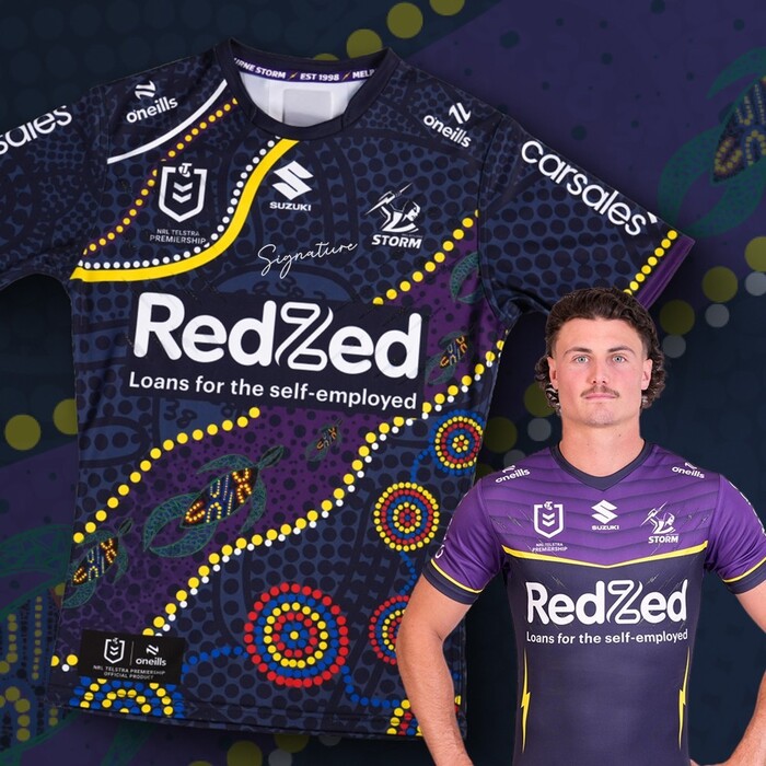 Photo of Jonah Pezet #14 2025 Melbourne Storm Indigenous Match-Worn Jersey
