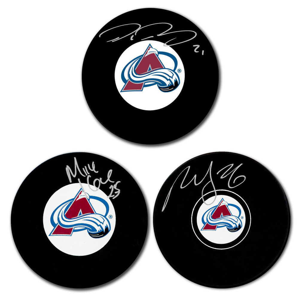 Peter Forsberg, Paul Stastny & Mike Keane Autographed Colorado Avalanche Hockey Puck Bundle
