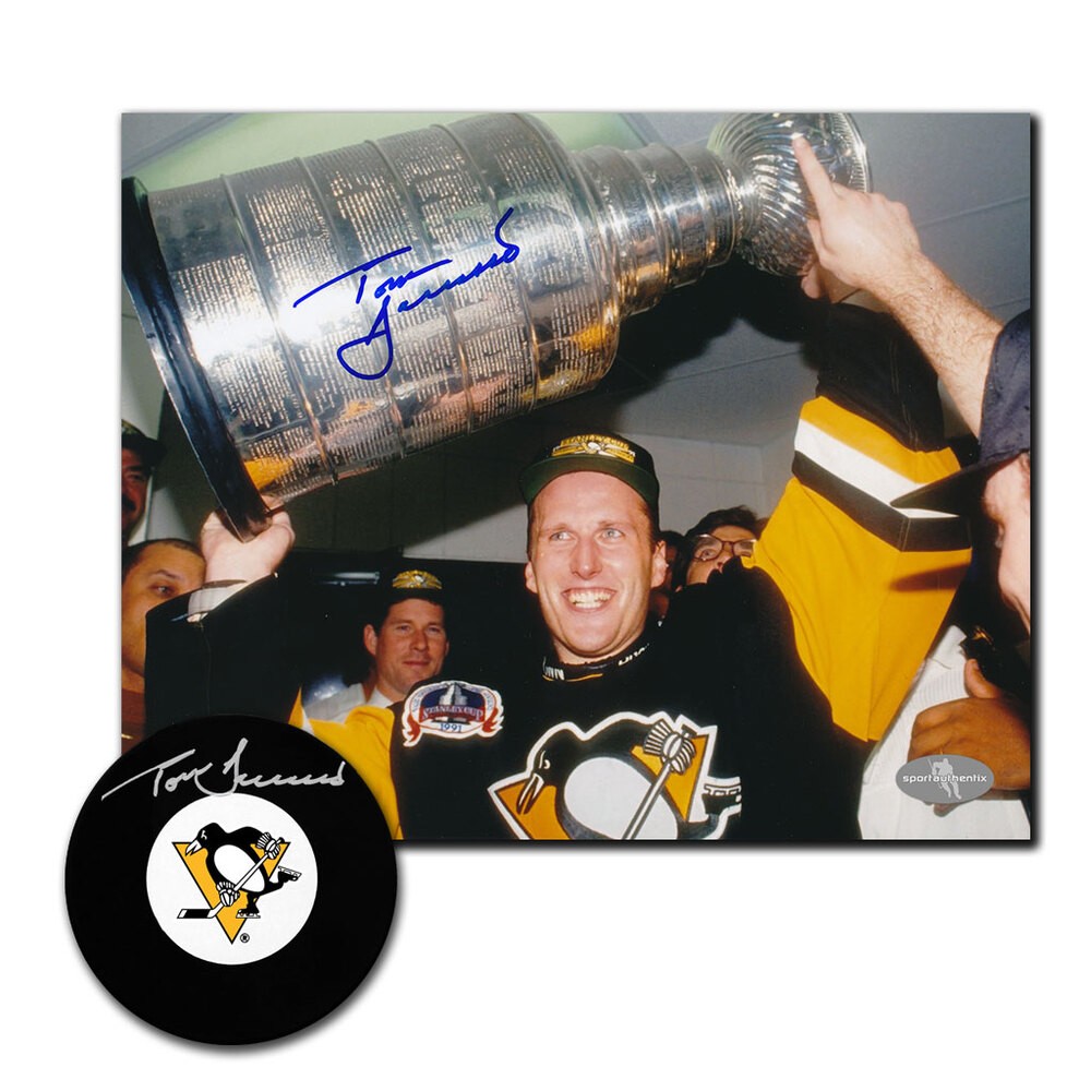 Tom Barrasso Autographed Pittsburgh Penguins Hockey Puck & 8x10 Photo Combo