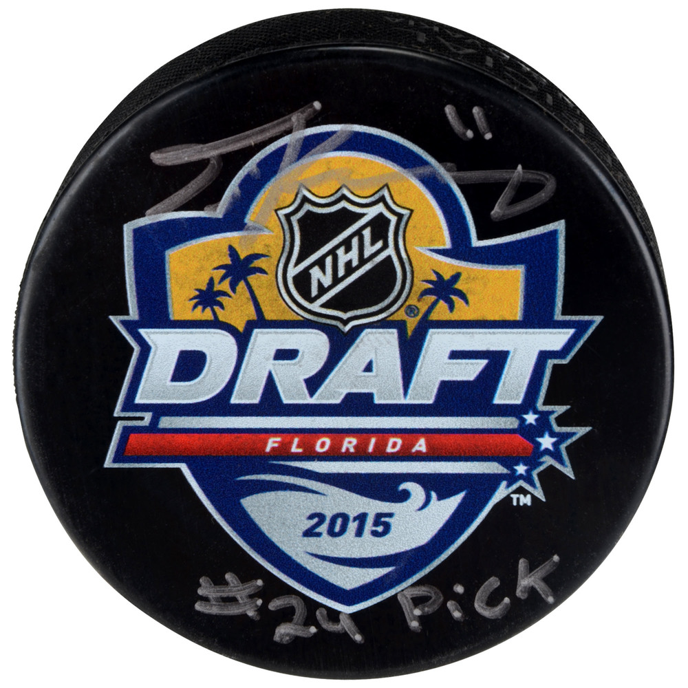 Travis Konecny Philadelphia Flyers Autographed 2015 NHL Draft Logo Hockey Puck with #24 Pick Inscription