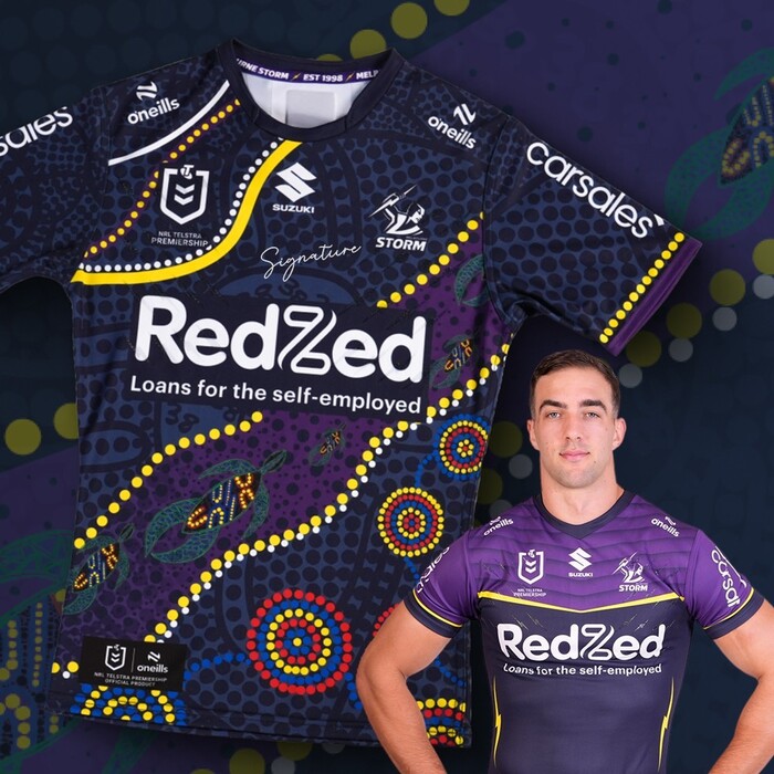 Photo of Kane Bradley #18 2025 Melbourne Storm Indigenous Match-Worn Jersey