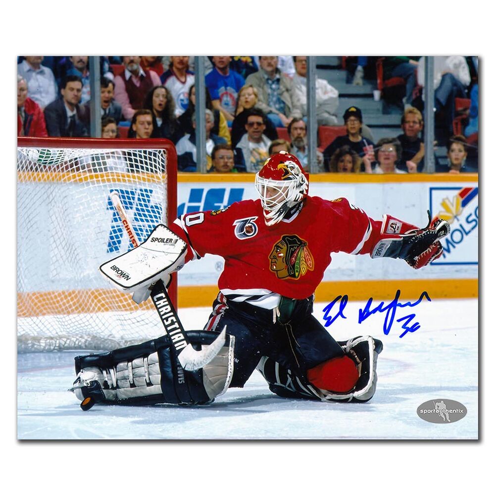 Ed Belfour Autographed Chicago Blackhawks 8x10 Photo - Kick Save