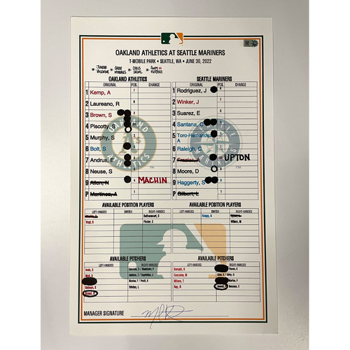 GameUsed Lineup Card 6/30/22 Seattle Mariners (Rodriguez HR 13
