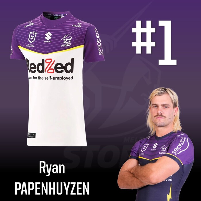 Photo of Ryan Papenhuyzen #1 2025 Melbourne Storm Away Match-Worn Jersey