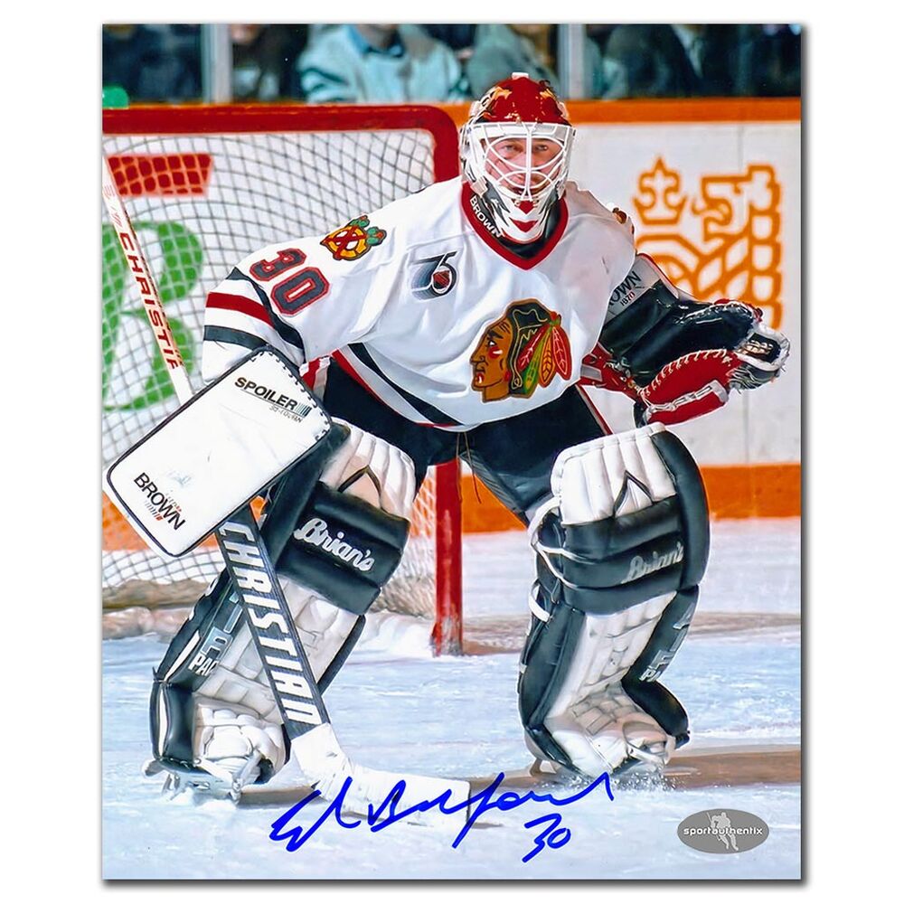 Ed Belfour Autographed Chicago Blackhawks 8x10 Photo - White Jersey Goalie Stance