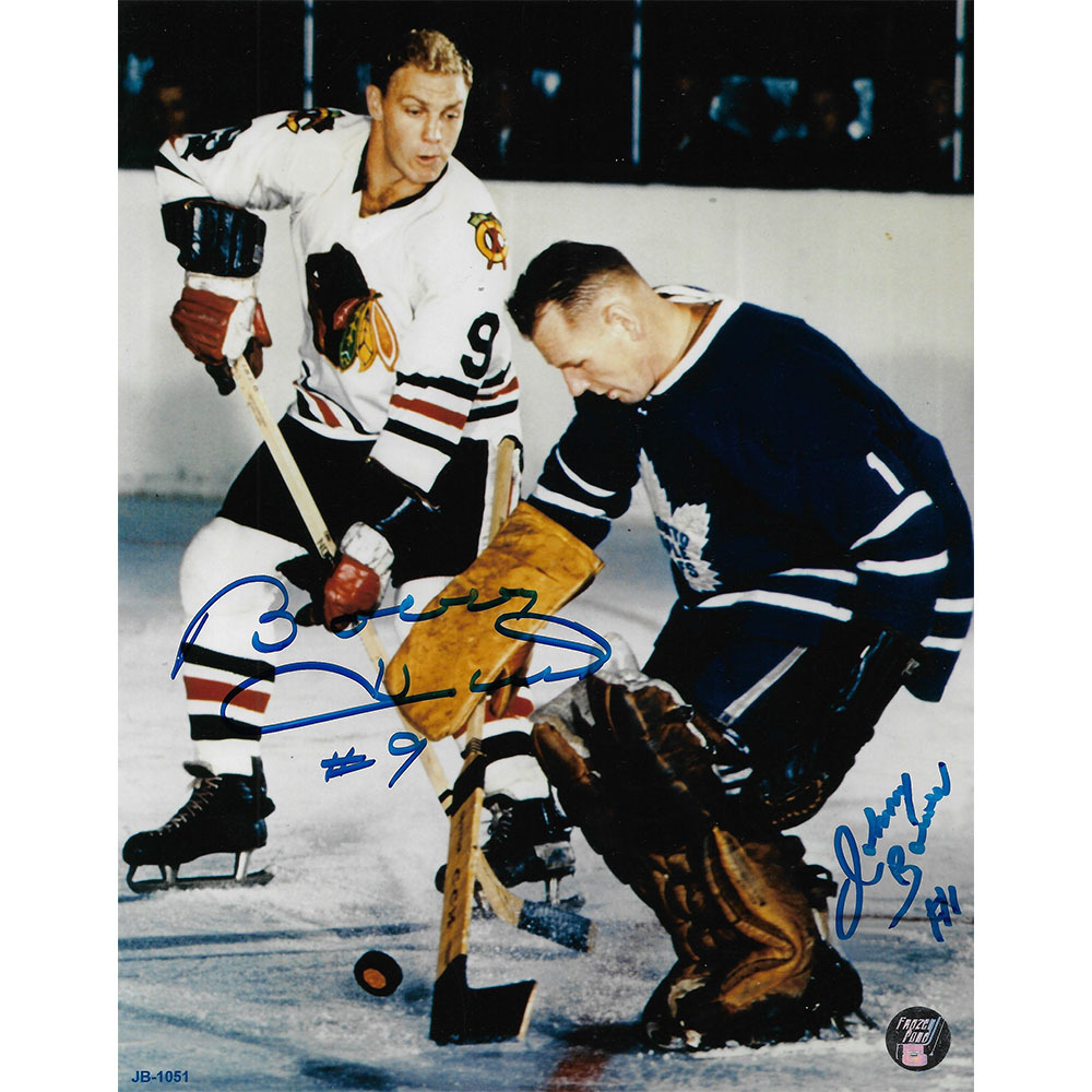 Johnny Bower & Bobby Hull Autographed 8X10 Combo Photo (Chicago Blackhawks, Toronto Maple Leafs)