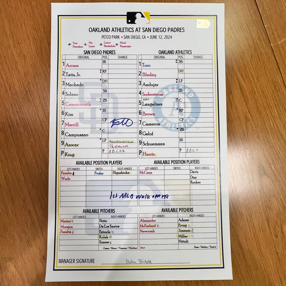 Replica Lineup Card Jackson Merrill 6/12/2024 Autographed & Inscribed 1st MLB Walk-Off Home ...