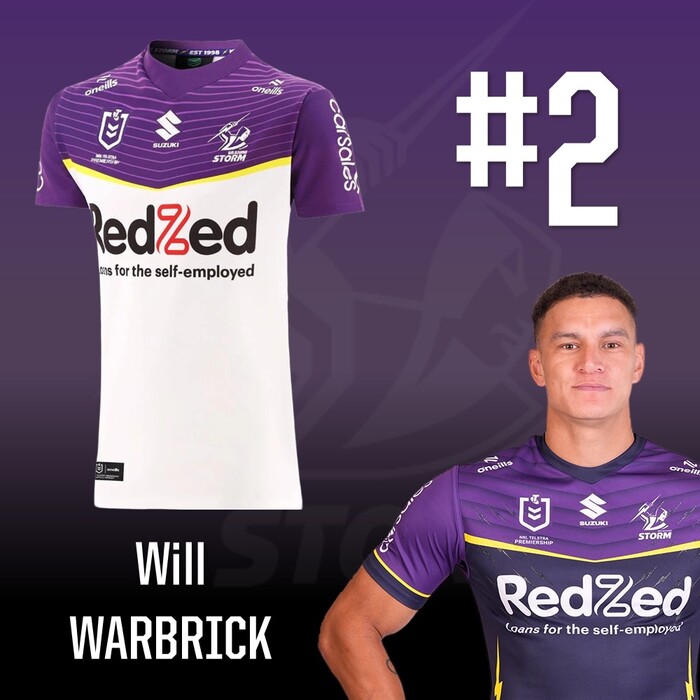 Photo of Will Warbrick #2 2025 Melbourne Storm Away Match-Worn Jersey