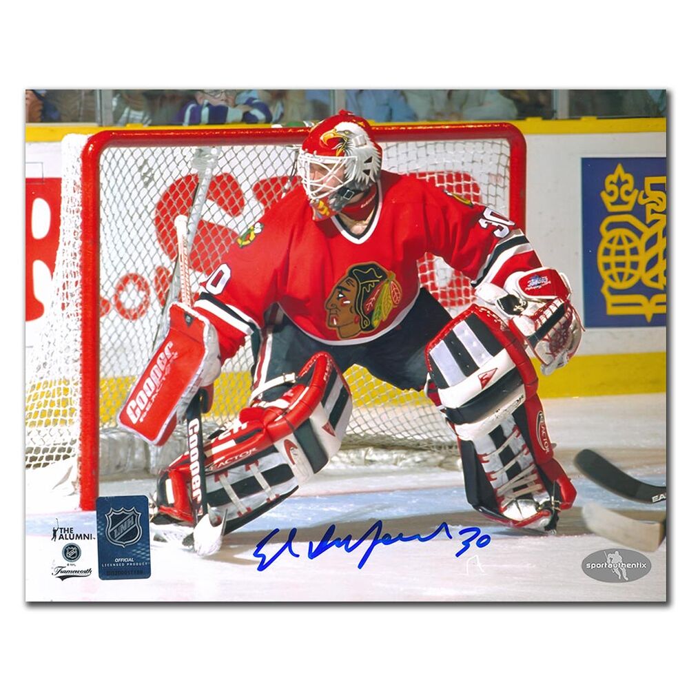 Ed Belfour Autographed Chicago Blackhawks 8x10 Photo - Between the Pipes