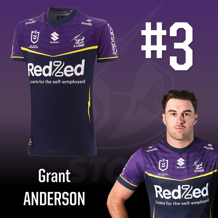 Photo of Grant Anderson #3 2025 Melbourne Storm Home Match-Worn Jersey