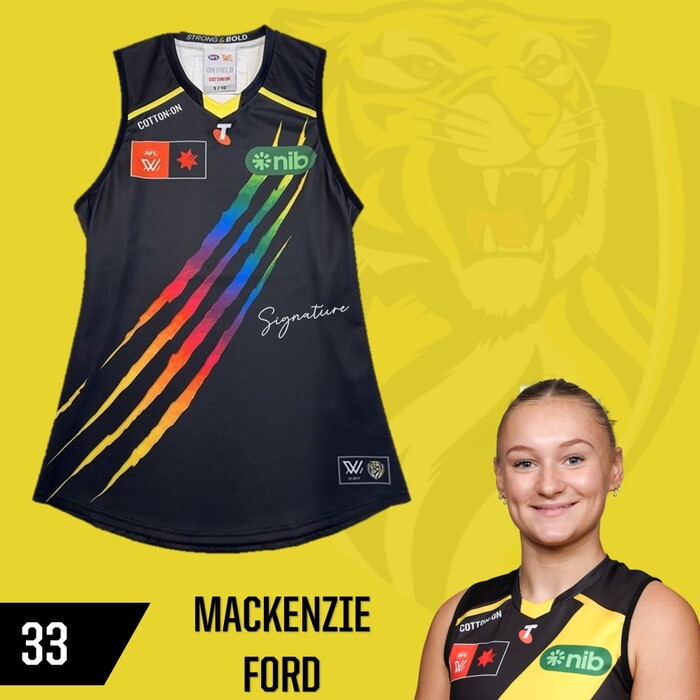 Photo of Mackenzie Ford #33 Richmond 2025 AFLW Pride Match-Worn Guernsey
