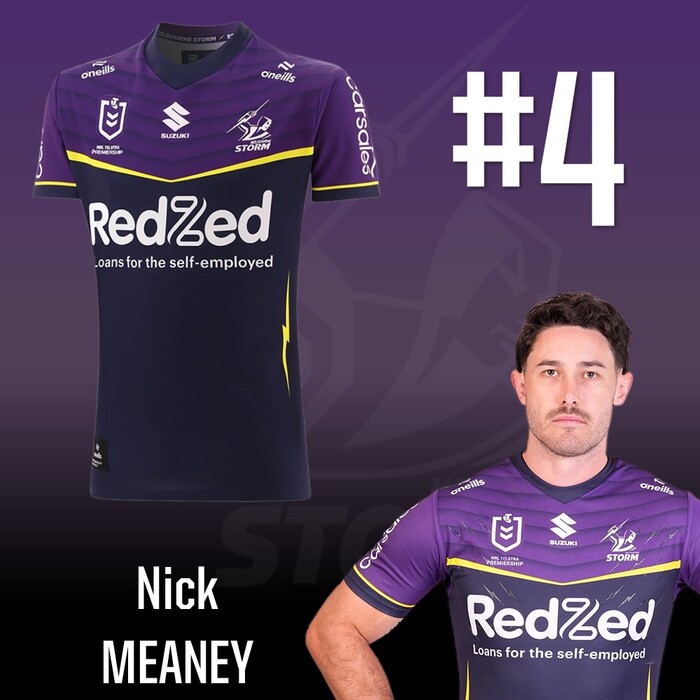 Photo of Nick Meaney #4 2025 Melbourne Storm Home Match-Worn Jersey