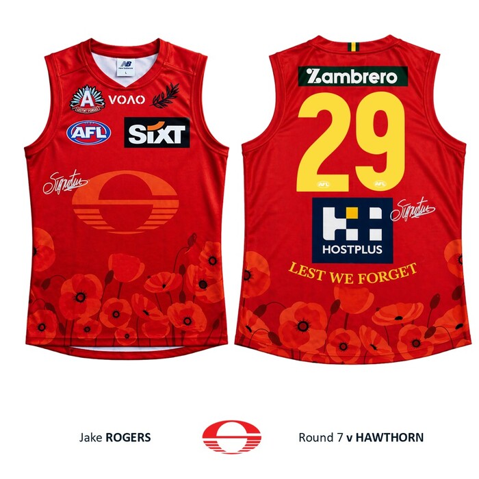 Photo of Jake Rogers #29 Gold Coast SUNS ANZAC Appeal Round Match-Worn Guernsey