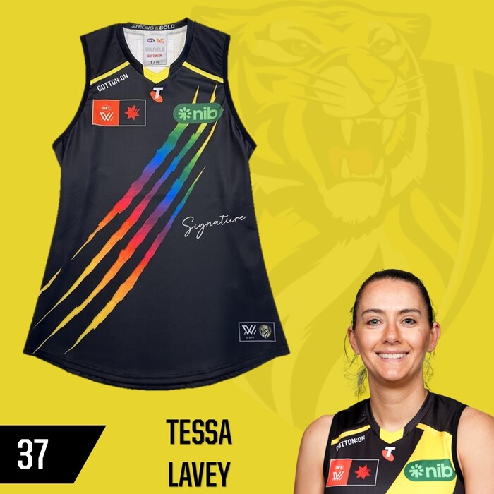 Photo of Tessa Lavey #37 Richmond 2025 AFLW Pride Player-Issue Guernsey