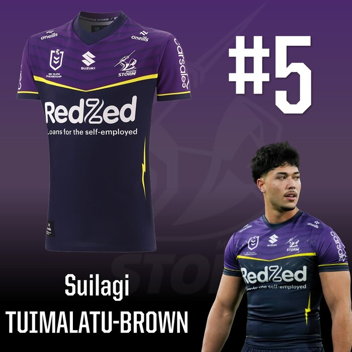 Photo of Suilagi Tuimalatu-Brown #5 2025 Melbourne Storm Home Player-Issue Jersey