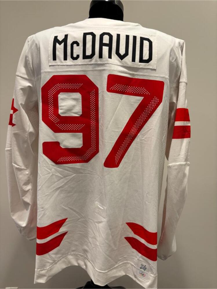 Connor McDavid Canada Game-Used White Jersey worn v. Czechia on February 12, 2026, as a part of the 2026 Milano Cortina Winter Games.