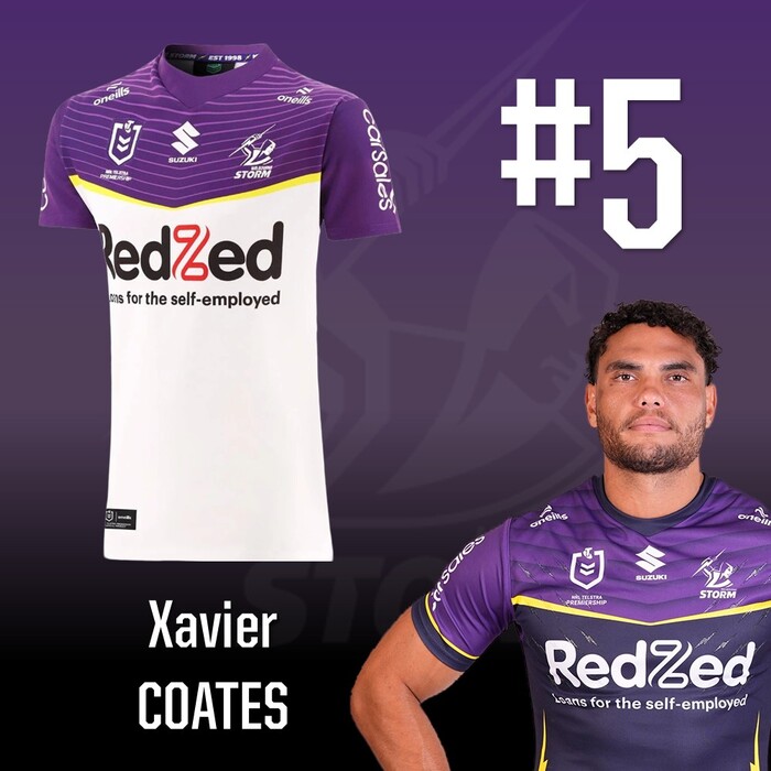 Photo of Xavier Coates #5 2025 Melbourne Storm Away Match-Worn Jersey