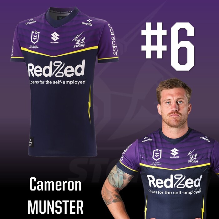 Photo of Cameron Munster #6 2025 Melbourne Storm Home Match-Worn Jersey