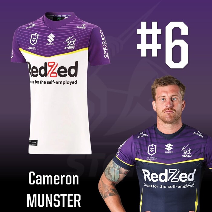 Photo of Cameron Munster #6 2025 Melbourne Storm Away Match-Worn Jersey