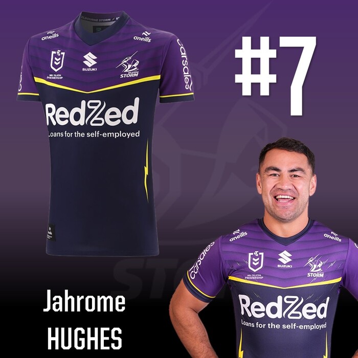 Photo of Jahrome Hughes #7 2025 Melbourne Storm Home Match-Worn Jersey