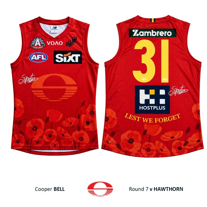 Photo of Cooper Bell #31 Gold Coast SUNS ANZAC Appeal Round Player-Issue Guernsey