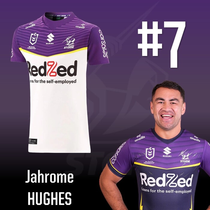 Photo of Jahrome Hughes #7 2025 Melbourne Storm Away Match-Worn Jersey