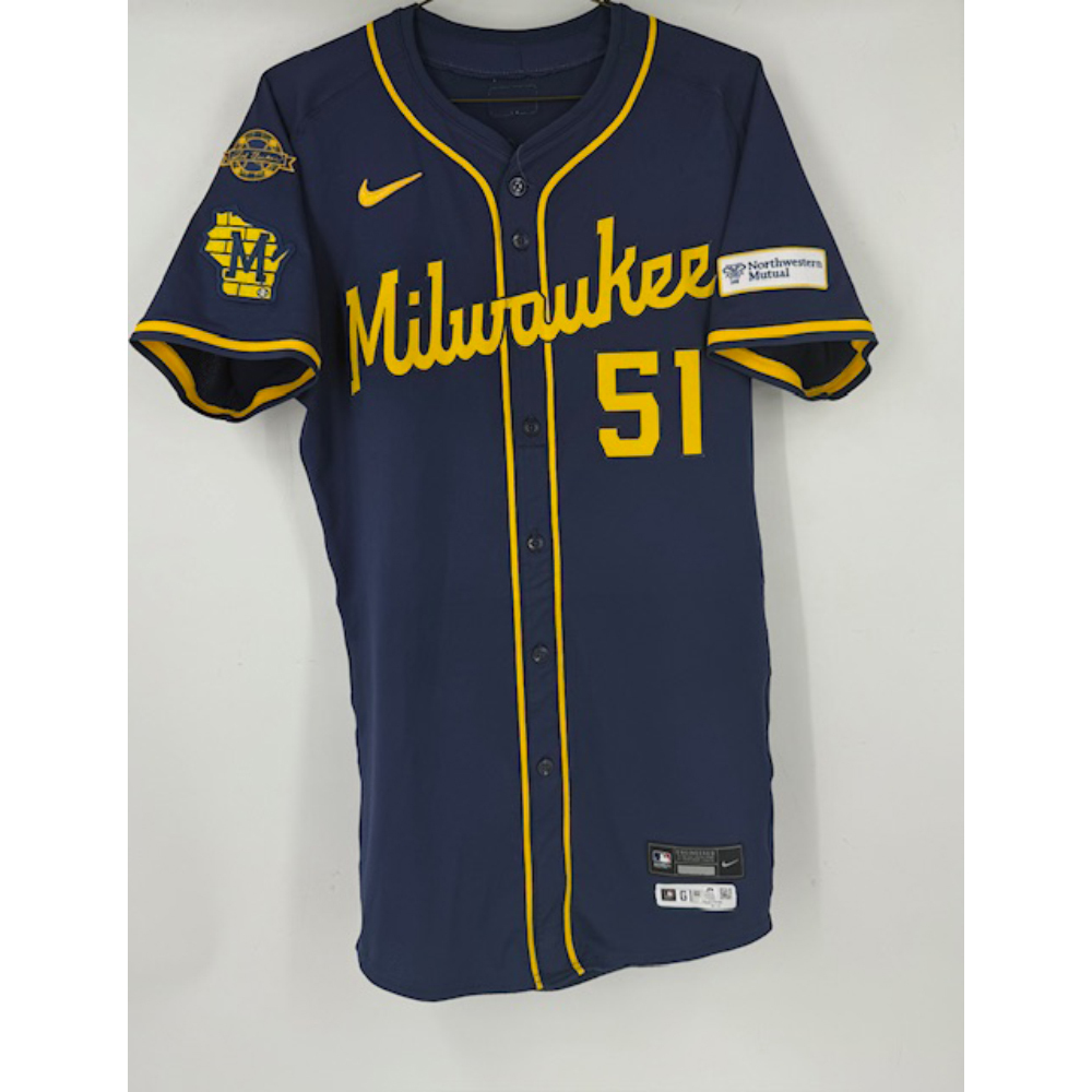 デビット・フレッチャー　実着用ユニフォーム　mlb auction Freddy Peralta #51 Game-Used Away Navy Jersey Used in 2 Games (4