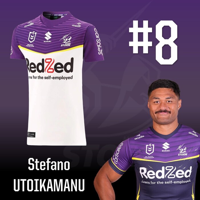Photo of Stefano Utoikamanu #8 2025 Melbourne Storm Away Match-Worn Jersey