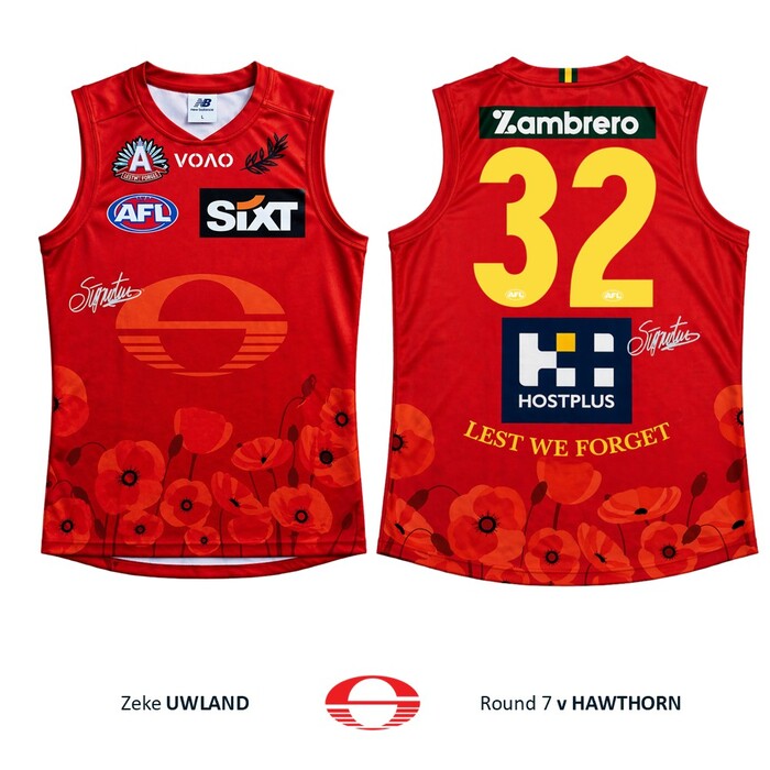 Photo of Zeke Uwland #32 Gold Coast SUNS ANZAC Appeal Round Match-Worn Guernsey