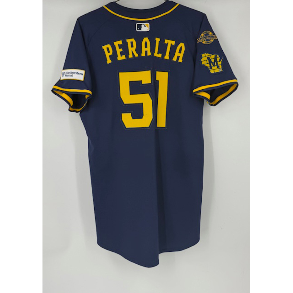 Freddy Peralta #51 Game-Used Away Navy Jersey Used in 2 Games (4