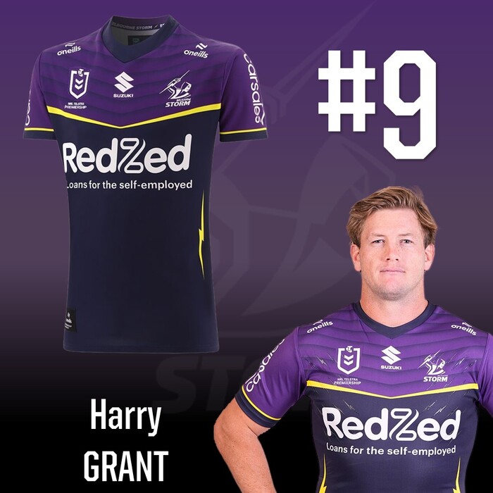 Photo of Harry Grant #9 2025 Melbourne Storm Home Match-Worn Jersey
