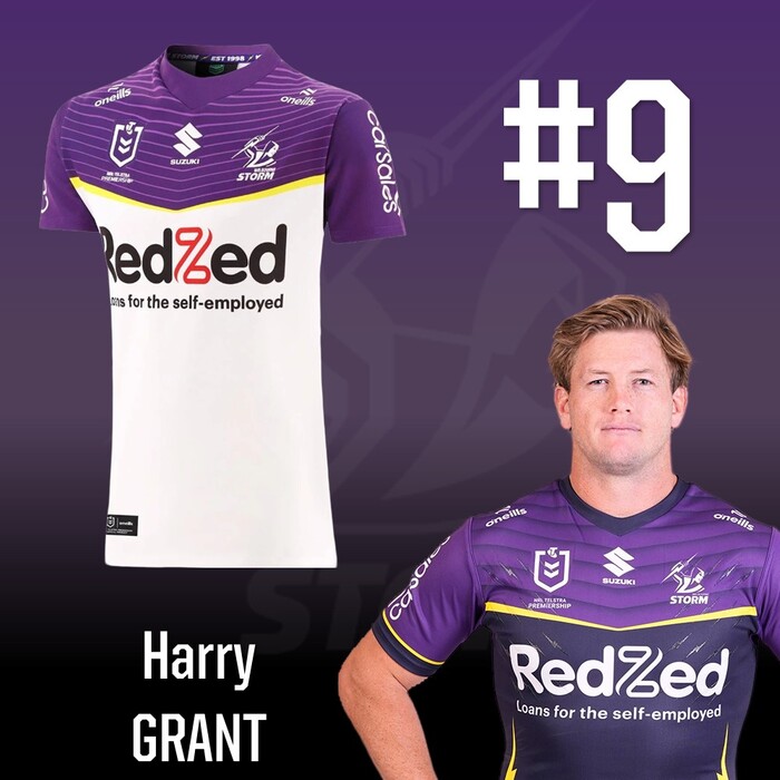 Photo of Harry Grant #9 2025 Melbourne Storm Away Match-Worn Jersey