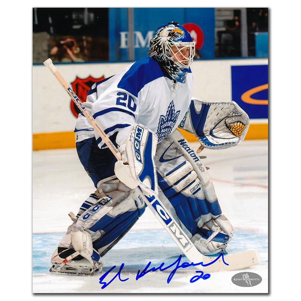 Ed Belfour Autographed Toronto Maple Leafs 8x10 Photo - White Jersey Game Action