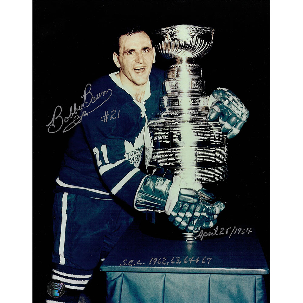 Bobby Baun Autographed Toronto Maple Leafs 8X10 Photo w/April 25/1965 SCC 1962,63,64+67 Inscription