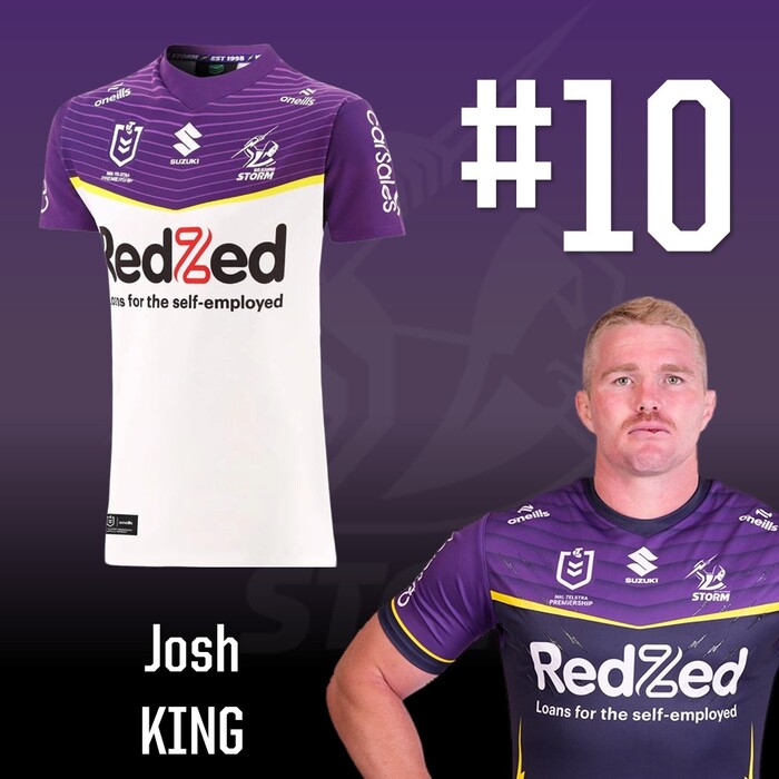 Photo of Josh King #10 2025 Melbourne Storm Away Match-Worn Jersey